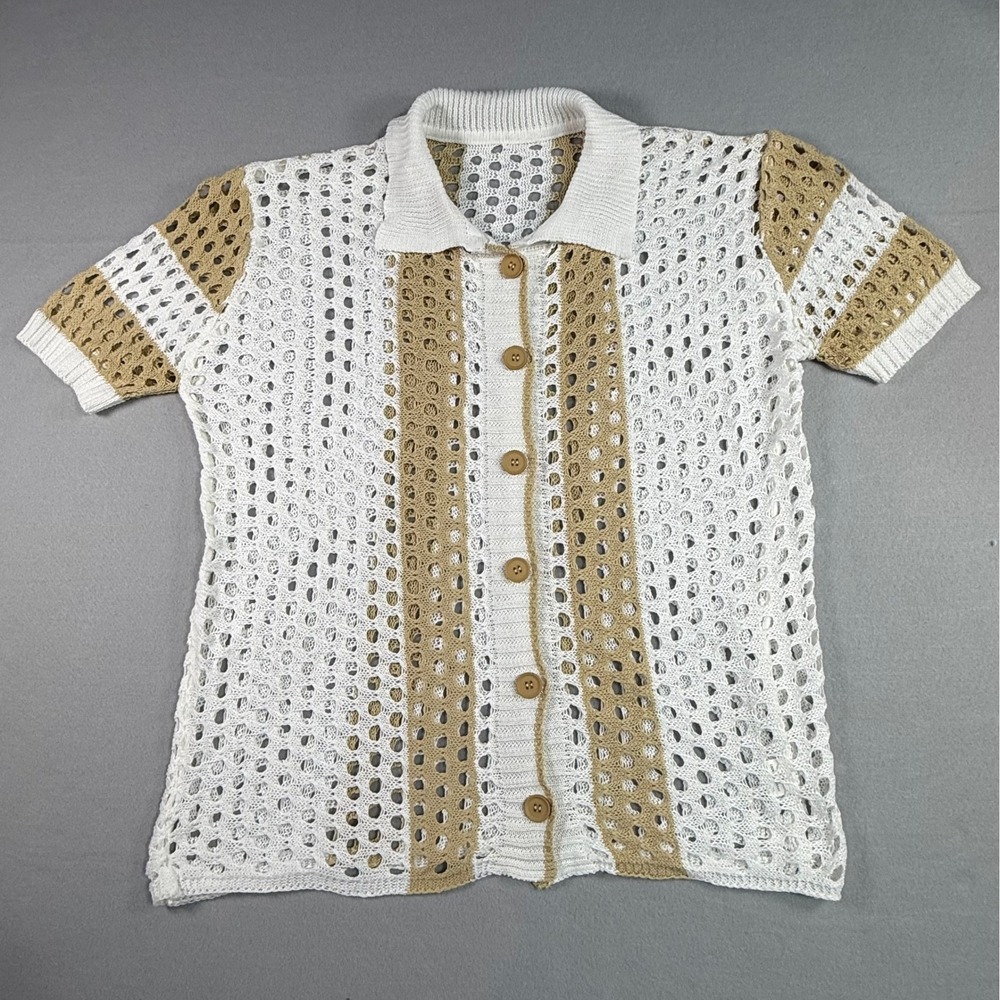 Crochet Button Down Cardigan XXL White Tan Open Knit Short Sleeve Beachy Boho‎